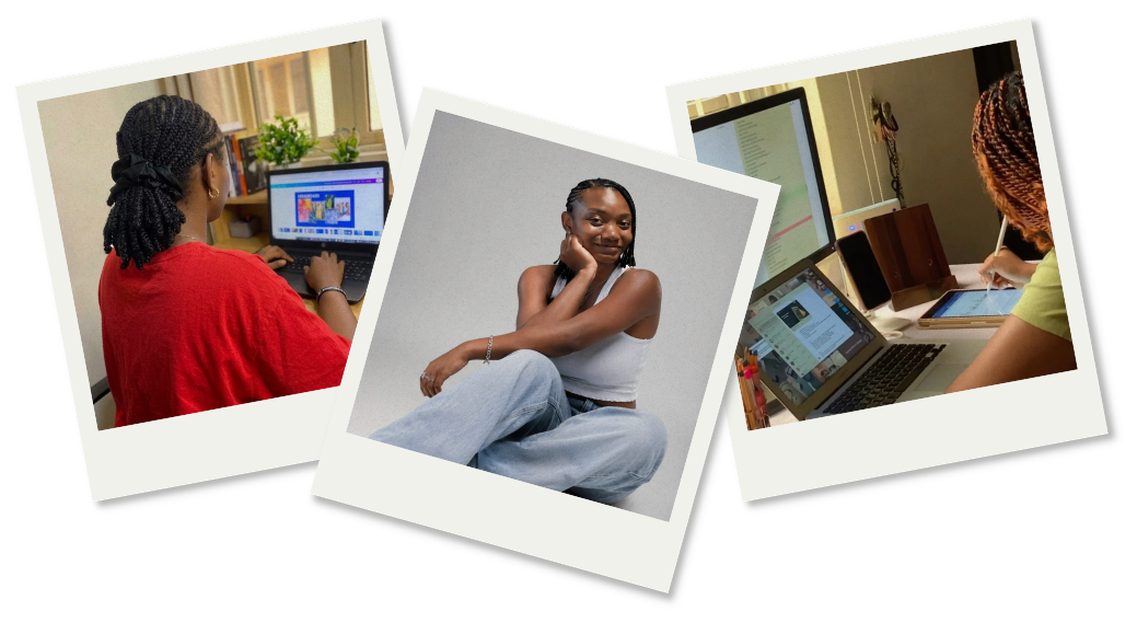 Three polaroid photographs of Judy: at work, a portrait, and designing