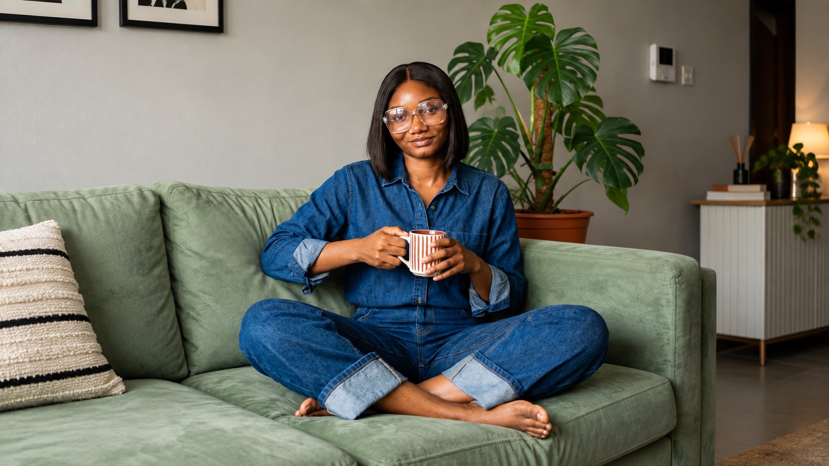 Judy sitting on a green sofa, holding a mug