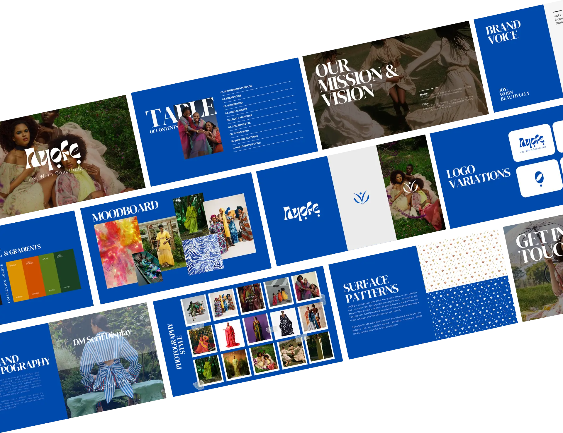 Ayofe brand identity: blue visual system, typography, photography and social designs
