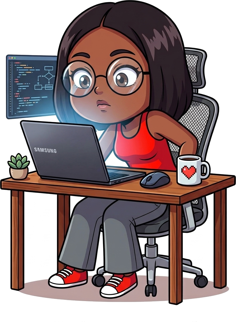 Illustrated Judy designing at her desk